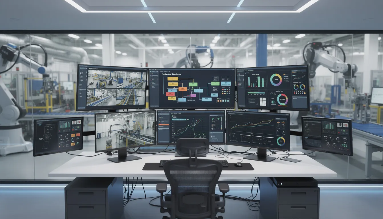 The image depicts a modern control room filled with multiple monitors that display real-time data related to manufacturing operations management. This setup illustrates the integration of enterprise control systems, enabling efficient monitoring and management of business and manufacturing activities.
