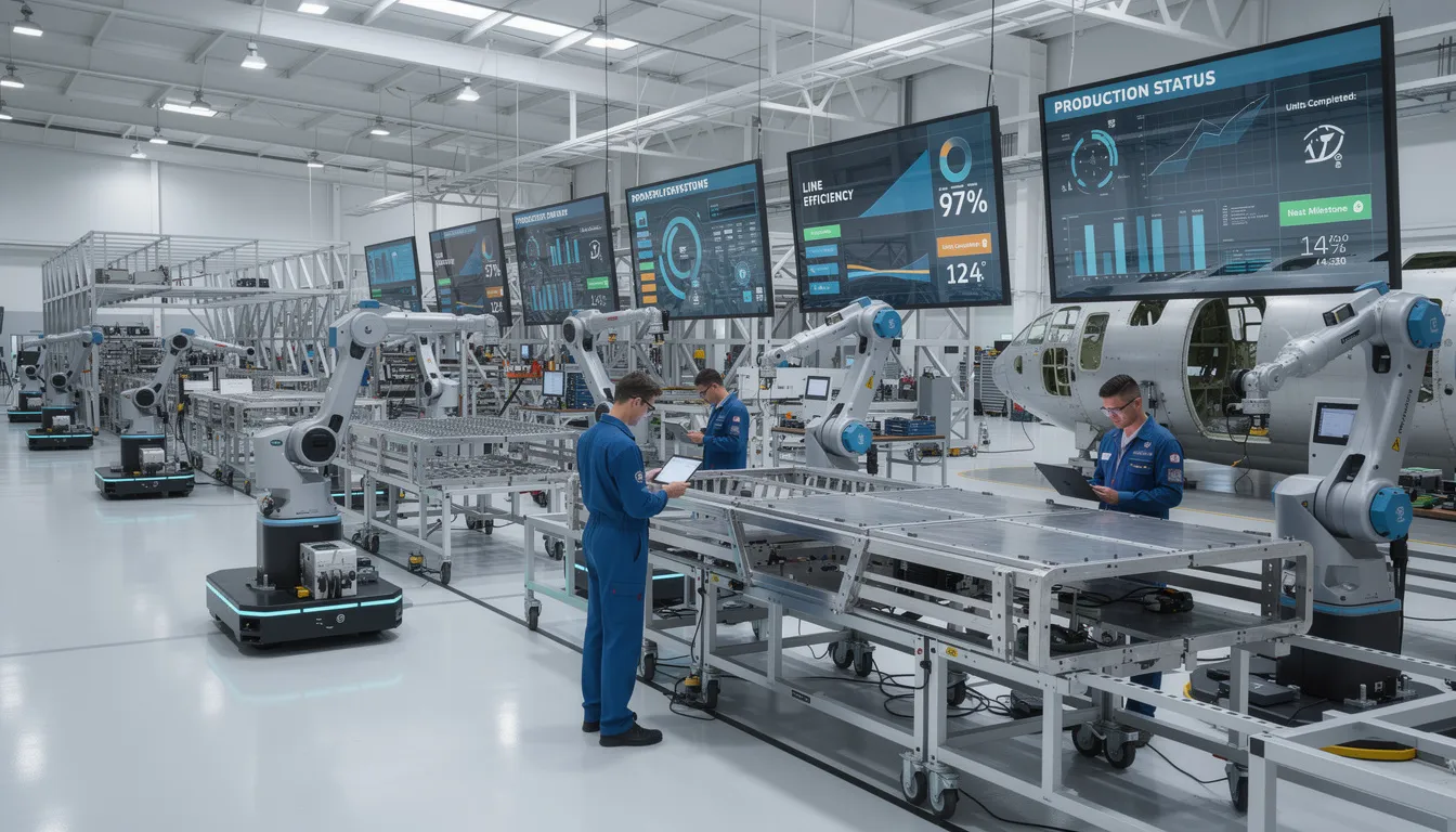 The image depicts an aerospace manufacturing facility featuring digital displays that showcase real-time production information, reflecting the integration of control systems and manufacturing operations management systems. This environment emphasizes the importance of enterprise control system integration and efficient management of manufacturing activities.