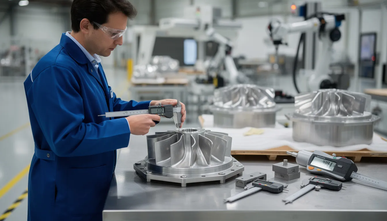 An industrial quality control technician is carefully using precision measurement instruments to assess aerospace components, ensuring they meet customer requirements and comply with ISO 9001 quality management standards. This process reflects the commitment to continual improvement and risk management in the quality management system.