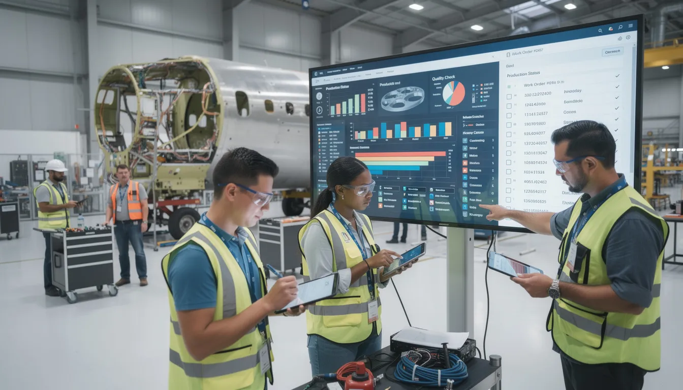 A group of aerospace workers is actively using digital tablets and screens on the factory floor to track production processes, ensuring adherence to quality management principles and enhancing customer satisfaction. This use of technology supports the implementation of a quality management system aligned with ISO 9001 standards, promoting continual improvement and risk-based thinking in their operations.