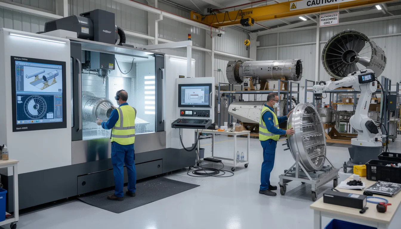 The image depicts an aerospace manufacturing floor bustling with workers engaged in operating precision machinery, surrounded by advanced digital displays. This environment emphasizes the importance of information security management systems, as meticulous attention to security controls and risk management processes is crucial in safeguarding sensitive data and ensuring operational integrity.