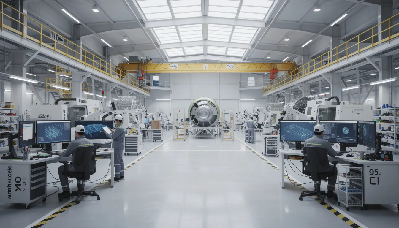 The image depicts the interior of a modern aerospace manufacturing facility, showcasing digital workstations and an organized production floor designed for efficiency. This environment emphasizes the importance of information security management systems and the implementation of security measures to protect sensitive data and mitigate information security risks.