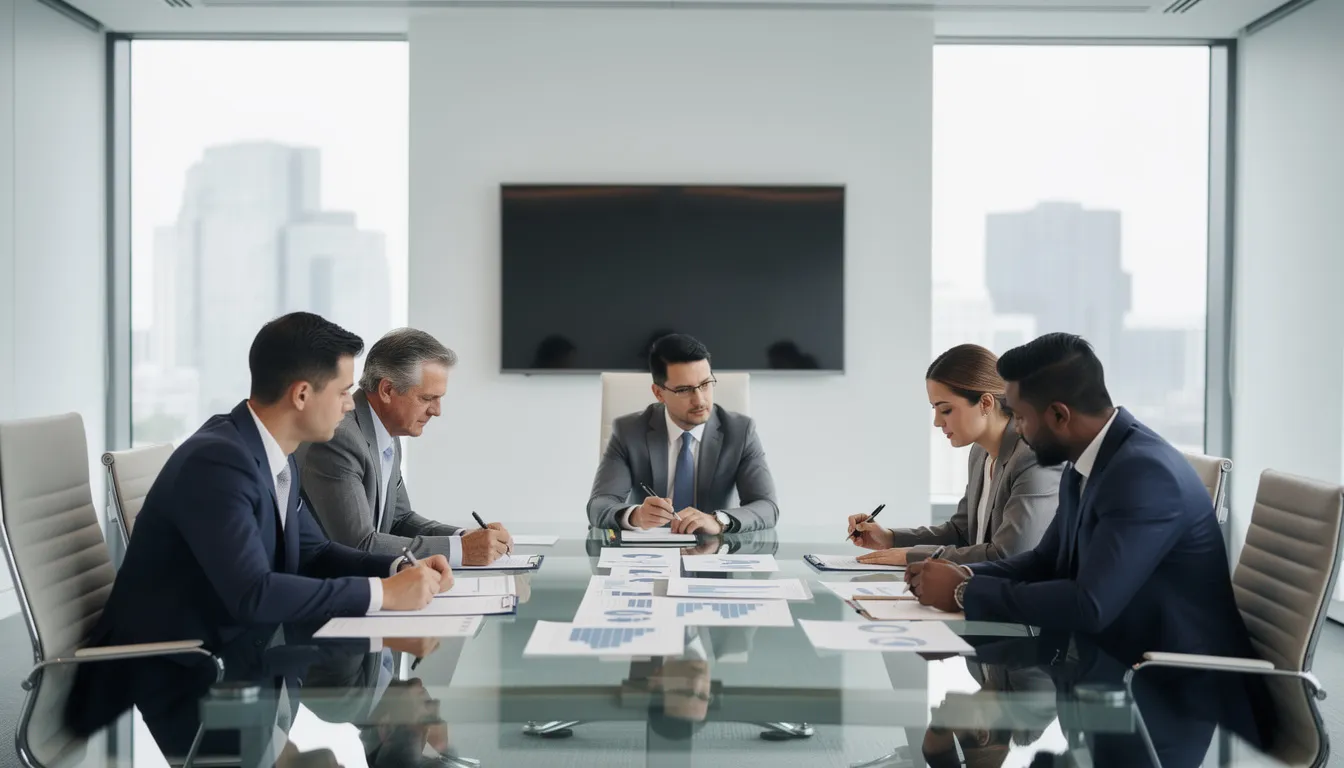 A group of business professionals is gathered around a large conference table in a modern meeting room, intently reviewing documents related to information security management systems. The setting reflects a focus on risk management processes and data protection, as they discuss strategies to mitigate identified risks and enhance security practices within their organization.