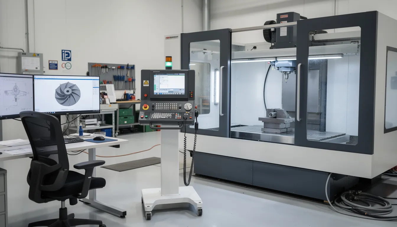The image depicts an aerospace CNC machining center featuring an operator workstation and an industrial control panel, illustrating a sophisticated setup for industrial automation. This environment emphasizes the importance of control systems security and operational technology, highlighting the need for robust cybersecurity measures in critical infrastructure.