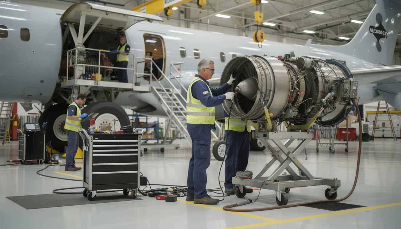 The image depicts MRO technicians diligently working on various aircraft components within a spacious hangar environment, showcasing their expertise in maintaining control systems and ensuring the safety of critical infrastructure. The scene highlights the importance of industrial automation and control systems in aviation maintenance, emphasizing the need for robust cybersecurity practices to protect operational technology.