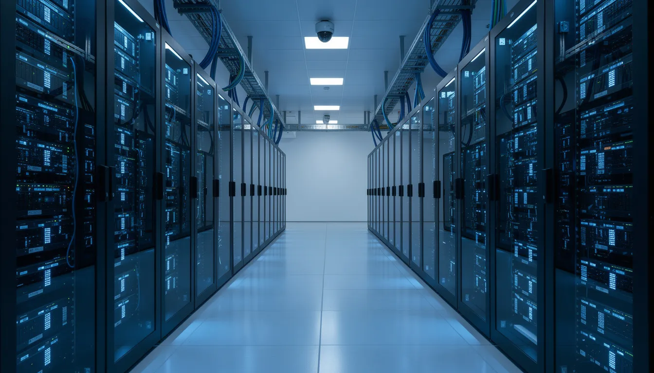 The image depicts a secure modern data center featuring rows of server racks illuminated by blue lighting, emphasizing the importance of security controls and risk management strategies in protecting sensitive data. This environment highlights the implementation of NIST 800 53 security and privacy controls, ensuring robust physical and environmental protection for federal information systems.