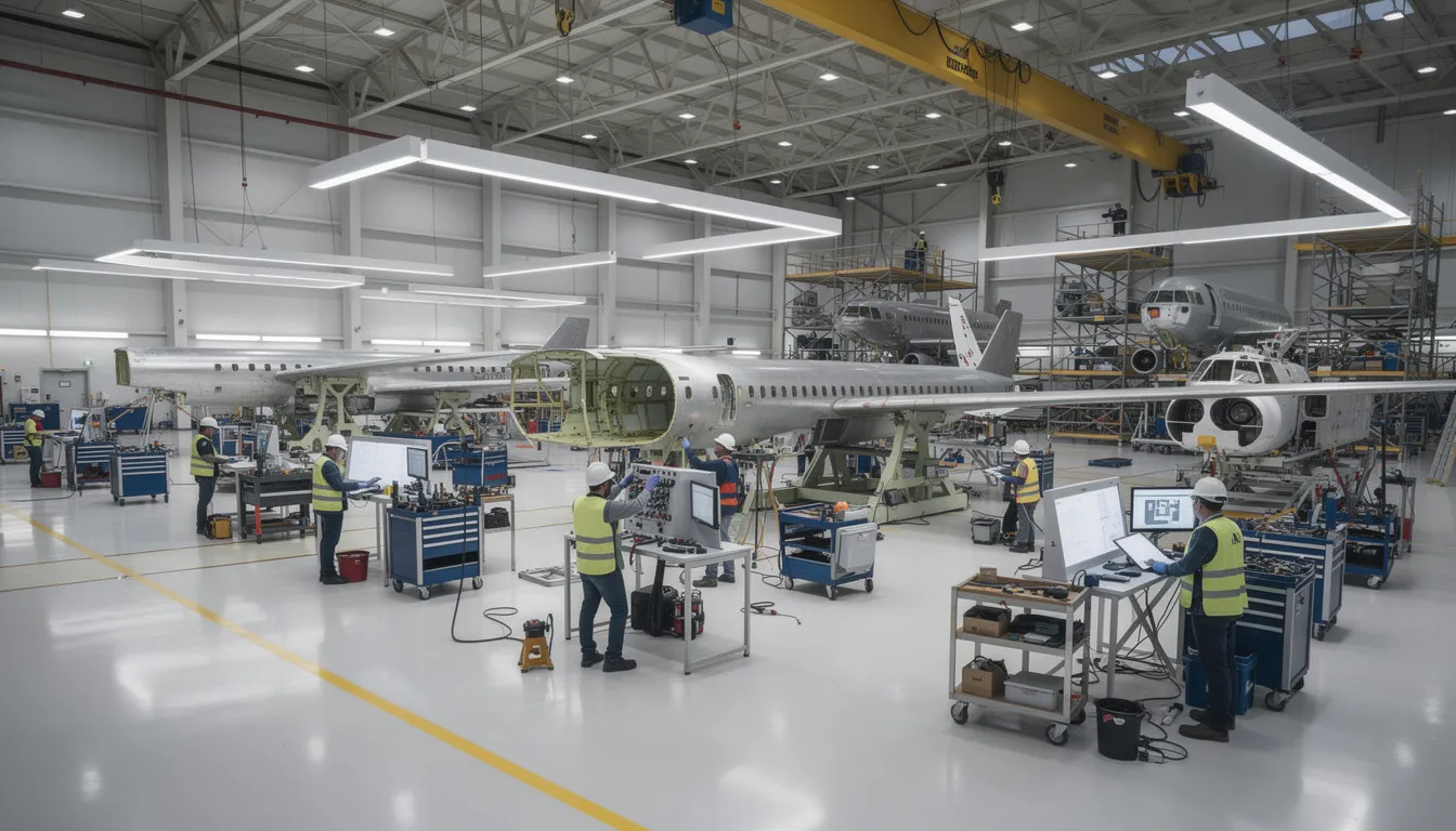 The image depicts a bustling aerospace manufacturing floor, where workers are actively assembling various aircraft components, surrounded by advanced machinery and tools. This environment emphasizes the importance of security controls and risk management strategies, essential for protecting sensitive data and ensuring the integrity of federal information systems.