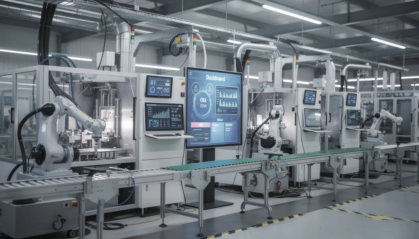 The image depicts a network of interconnected industrial manufacturing equipment featuring digital displays, showcasing advanced technology in a factory setting. This setup emphasizes the importance of security controls and risk management strategies, essential for protecting sensitive data and ensuring operational integrity in compliance with NIST 800 53 standards.
