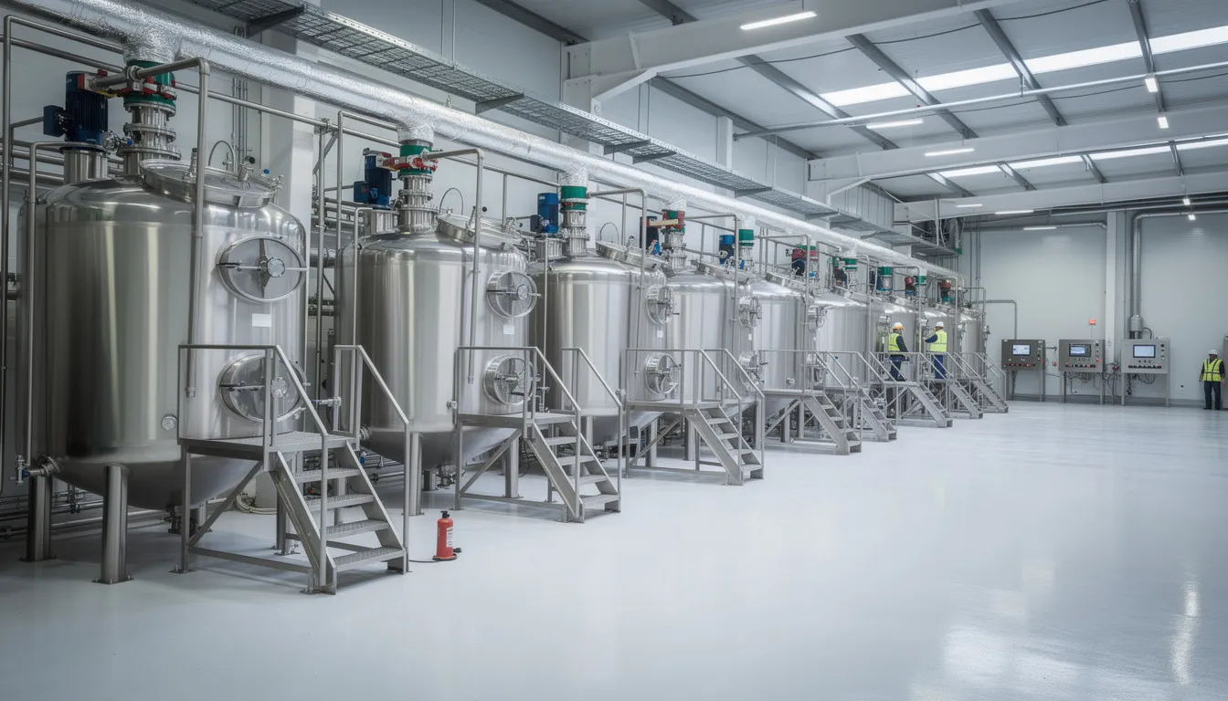 The image depicts an industrial batch processing facility featuring stainless steel reactor vessels and mixing tanks, essential components in batch production. This environment highlights the use of batch control systems and automated control systems for efficient process operations and regulatory compliance in manufacturing.