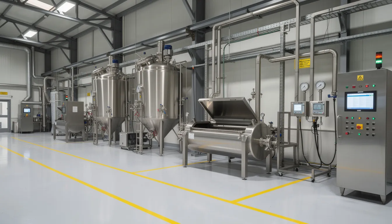 The image depicts a factory floor filled with various processing equipment, including reactors, mixers, and control panels, essential for batch production and automation. This environment showcases the integration of batch control systems and equipment modules that support efficient process operations and regulatory compliance.