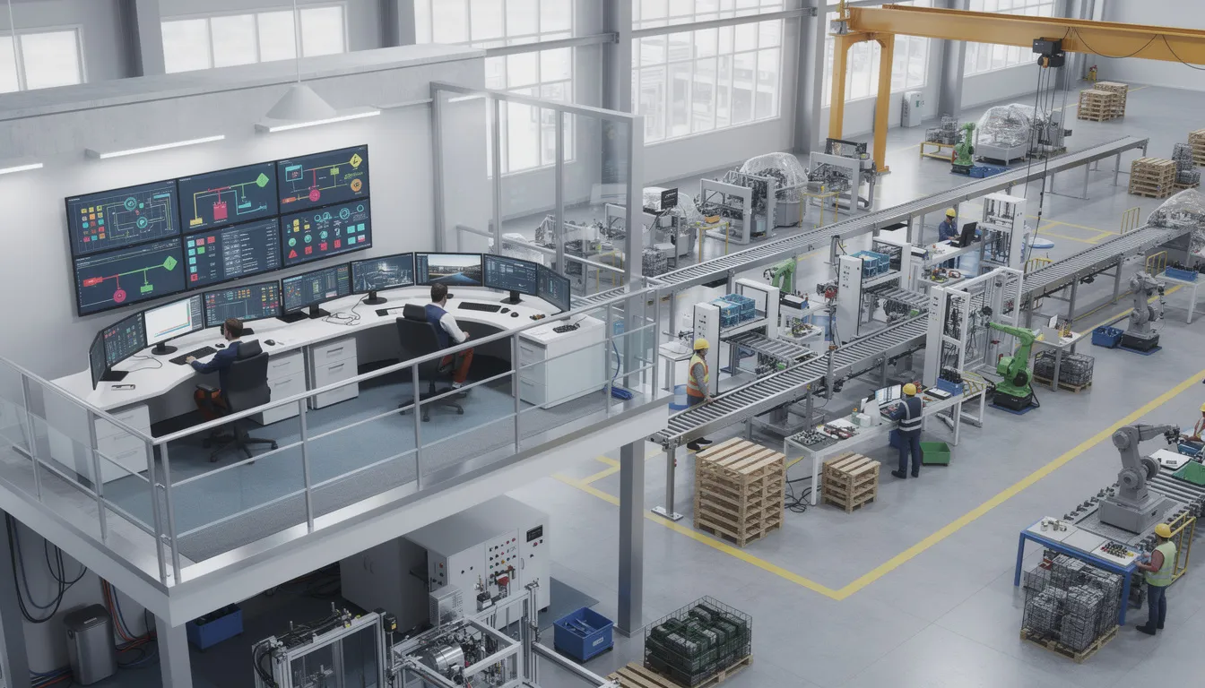 The image depicts an overview of a manufacturing facility, showcasing a control room alongside the production floor, illustrating different operational levels within the batch production process. This setting emphasizes the integration of automated control systems and batch control software, essential for managing batch processes and ensuring regulatory compliance in production operations.