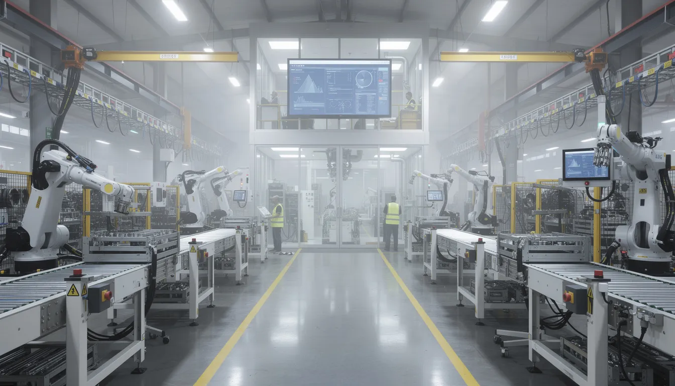 The image depicts an industrial factory floor filled with automated machinery and advanced control systems, showcasing the integration of manufacturing operations management and automation systems. This environment emphasizes production efficiency and overall equipment effectiveness, essential for achieving key performance indicators in the manufacturing industry.