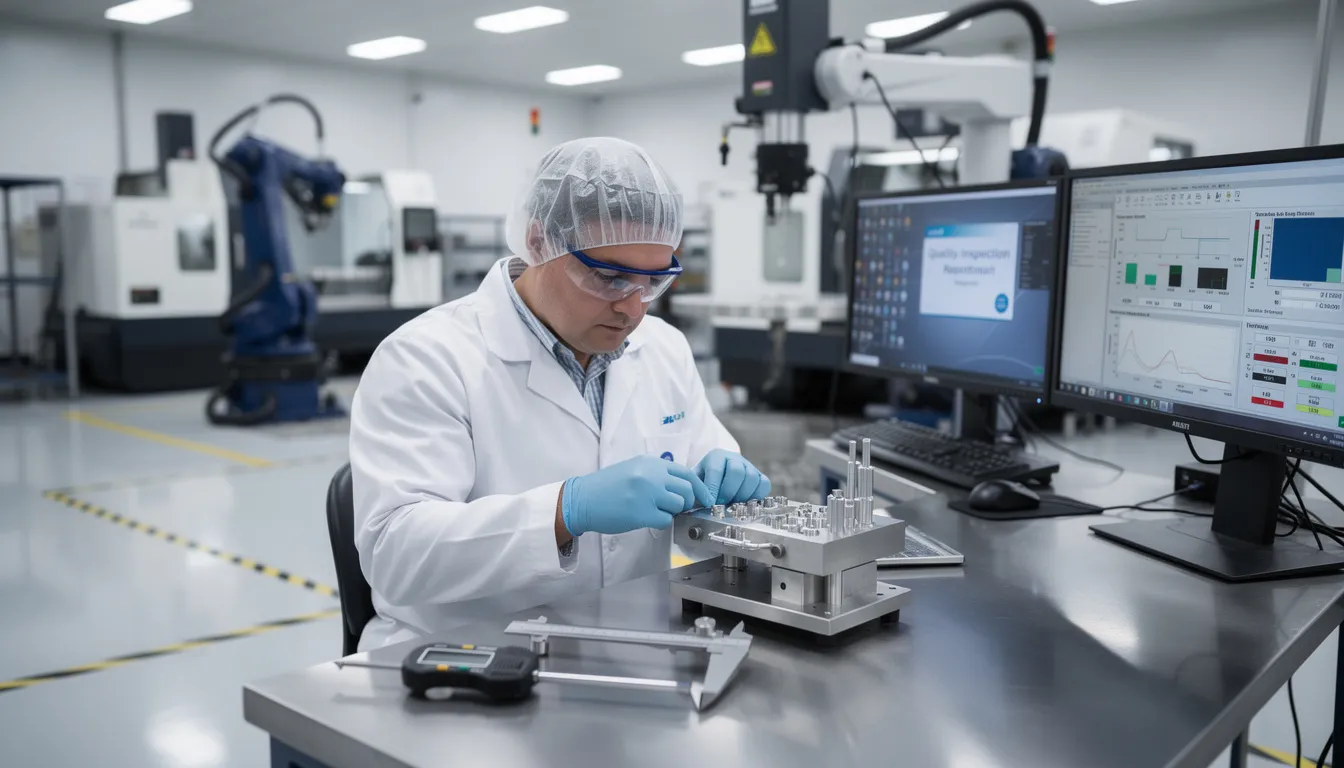 The image depicts a precision manufacturing inspection process within a quality-controlled environment, showcasing workers meticulously examining automotive components to ensure compliance with IATF 16949 standards. This scene emphasizes the importance of quality management systems in the automotive industry, highlighting defect prevention and continual improvement for high-quality products.