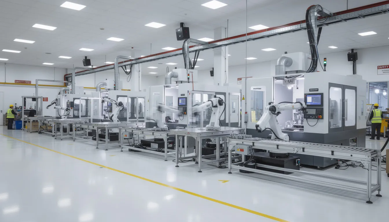 The image depicts a modern industrial factory floor bustling with various automated machines and advanced control systems, showcasing the integration of OPC UA technology for reliable data exchange and industrial automation. The scene highlights the use of diverse systems and sensors, reflecting the principles of Industry 4.0 and the importance of standardized data in process control.