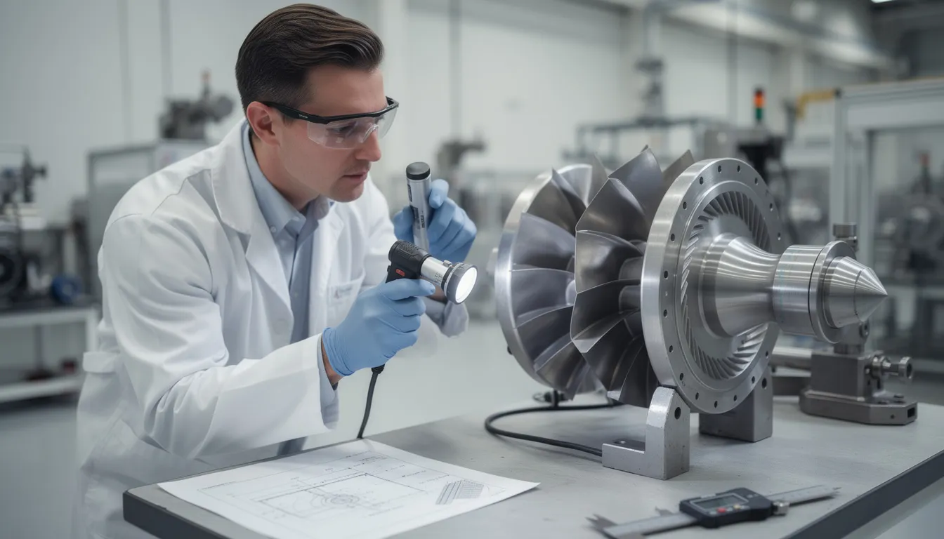 An aerospace quality inspector is closely examining a turbine component for any material defects, ensuring compliance with stringent quality standards in the aerospace manufacturing industry. This quality inspection process enhances operational efficiency and helps in reducing scrap rates within the production line.