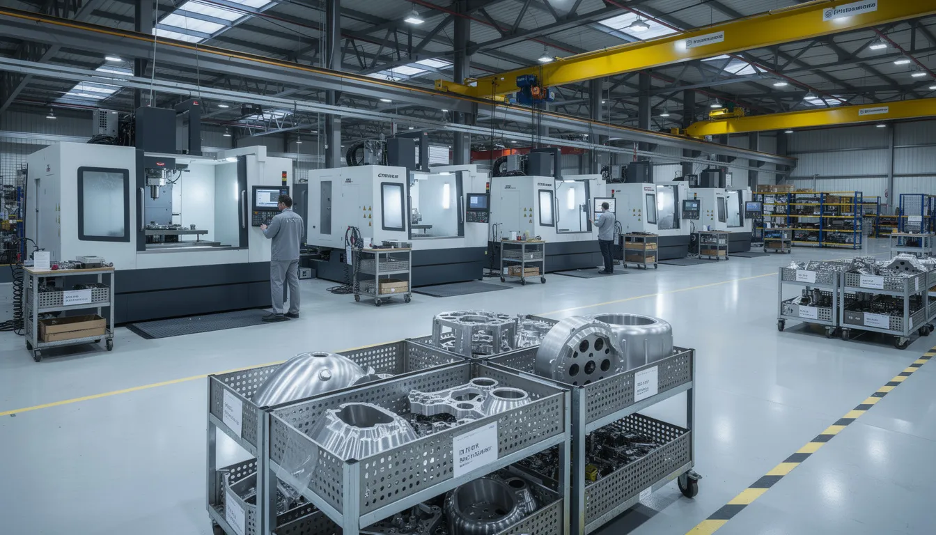 The image depicts an aerospace manufacturing factory floor featuring multiple CNC machining centers surrounded by organized parts bins, illustrating the operational efficiency and advanced quality management systems essential in the aerospace industry. This setting highlights the importance of standardized processes and regulatory compliance in producing high-quality aerospace components.
