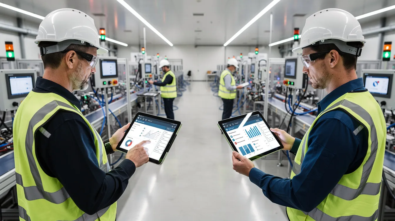 The image depicts a modern factory floor where operators are engaged with digital tablets at their workstations, facilitating the first article inspection (FAI) process. This setup enhances efficiency in the production process by allowing quality managers and technical professionals to streamline data entry and generate accurate article inspection reports.
