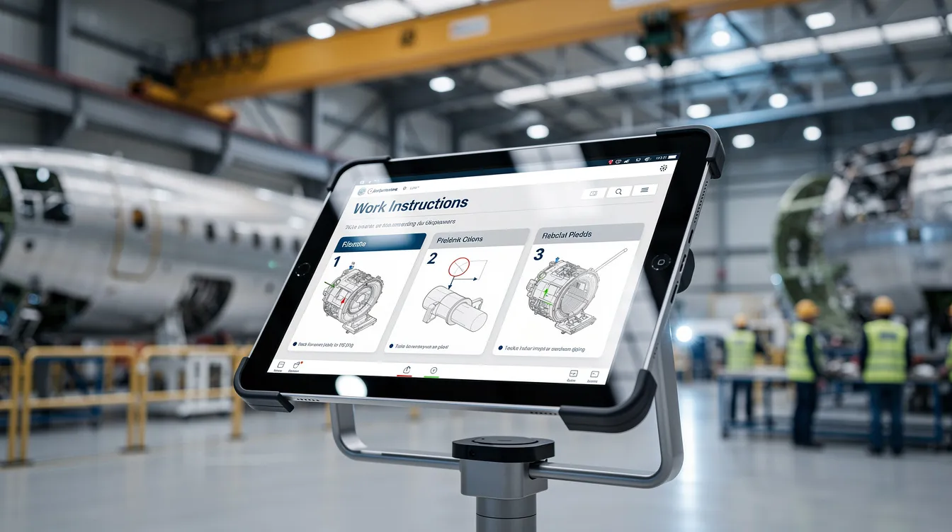 A digital tablet is positioned on an aerospace manufacturing floor, displaying detailed work instructions related to the first article inspection process. This setup emphasizes the importance of quality control and adherence to specified requirements in the aerospace industry’s production process.
