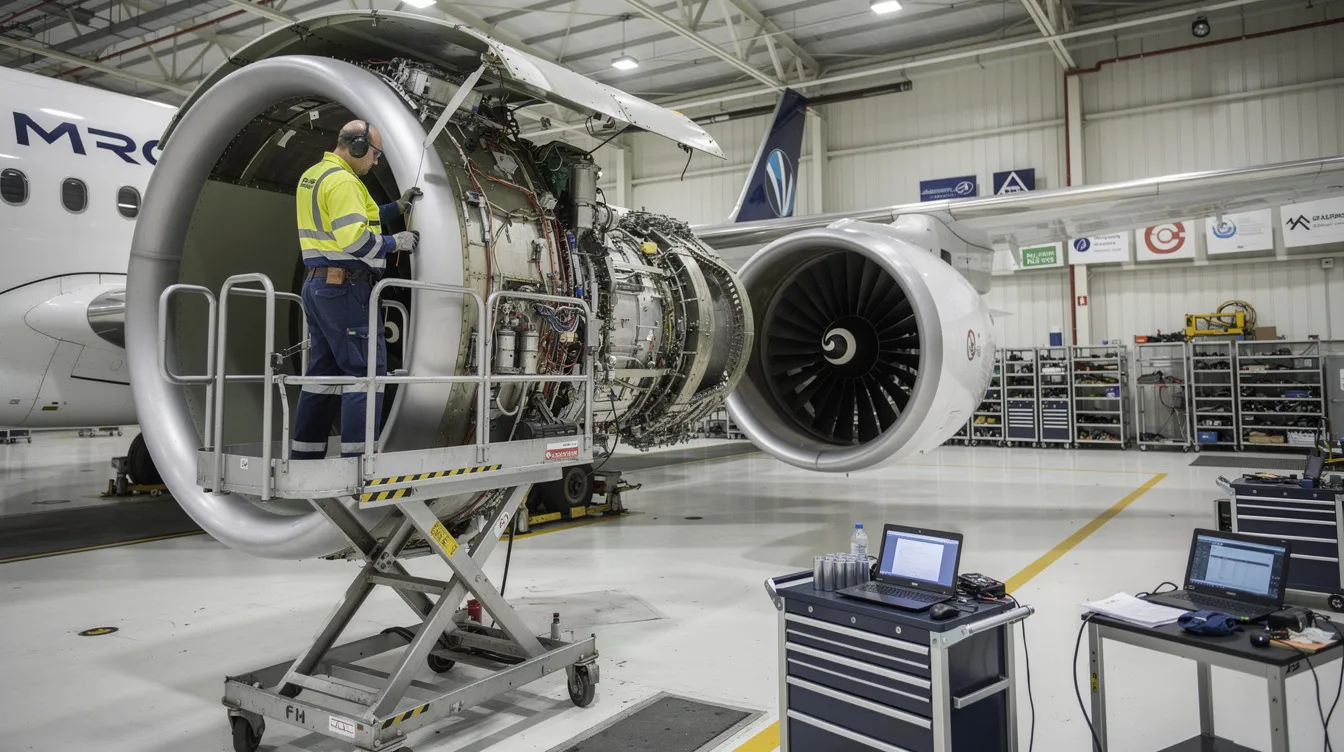 An MRO technician is focused on repairing an aircraft engine inside a maintenance facility, surrounded by tools and equipment essential for ensuring compliance with aerospace regulations. This scene highlights the importance of quality management and safety protocols in the aerospace industry.