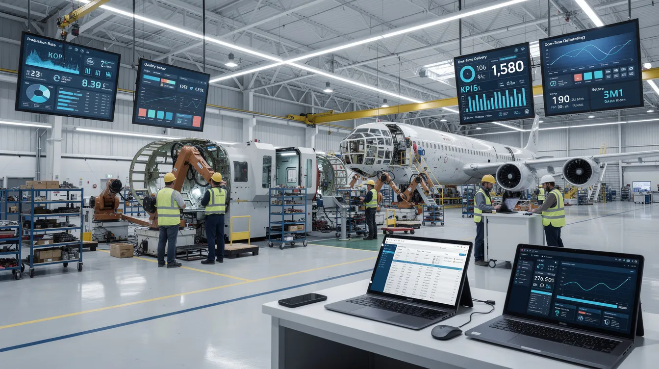 The image depicts a modern aerospace manufacturing facility featuring digital displays that showcase production metrics, emphasizing operational efficiency and quality management systems. This environment reflects the aerospace industry's commitment to continuous improvement and regulatory compliance through innovative solutions and robust quality control measures.