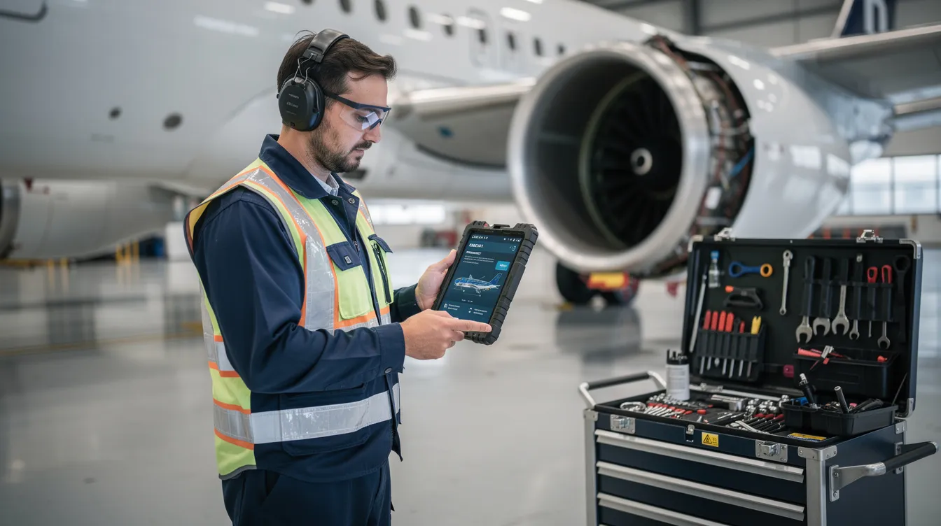 An aerospace maintenance technician is focused on a tablet device, accessing digital work instructions to enhance operational efficiency on the shop floor. This modern approach, utilizing a manufacturing execution system (MES), supports quality control and compliance within the aerospace industry.