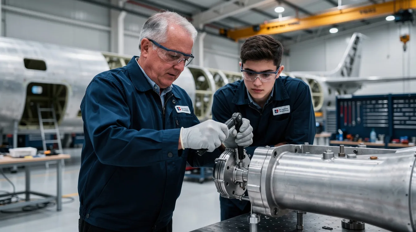 An experienced technician is demonstrating assembly techniques to a younger worker in an aerospace facility, highlighting the importance of knowledge sharing and capturing critical skills essential for operational excellence in the manufacturing sector. This interaction emphasizes the value of mentoring and collaboration in workforce development, ensuring that vital manufacturing expertise is passed on to future employees.
