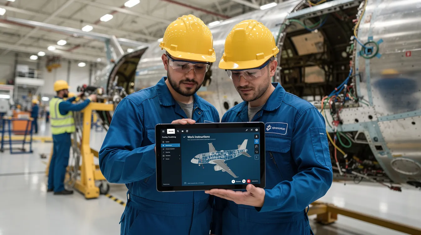 A group of skilled workers is collaborating on aerospace assembly, utilizing a digital tablet that displays step-by-step work instructions. This scene emphasizes the importance of knowledge sharing and capturing critical knowledge areas to ensure operational efficiency and support the continuous improvement of manufacturing processes.