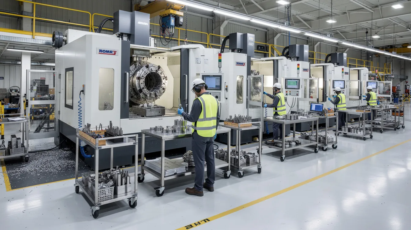 The image depicts an aerospace manufacturing facility bustling with activity, featuring CNC machines and workers dressed in protective gear, emphasizing the importance of maintaining compliance with industry regulations and ITAR compliance in the defense sector. This environment showcases the critical operations involved in safeguarding sensitive data and ensuring adequate security against cyber threats.