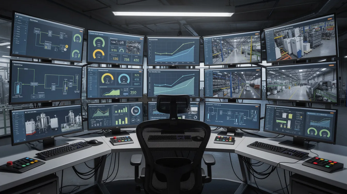 The image depicts an industrial control room filled with multiple screens that showcase production dashboards and real-time metrics, essential for monitoring aerospace manufacturing operations. This environment is critical for optimizing production processes and ensuring quality control within the aerospace industry.
