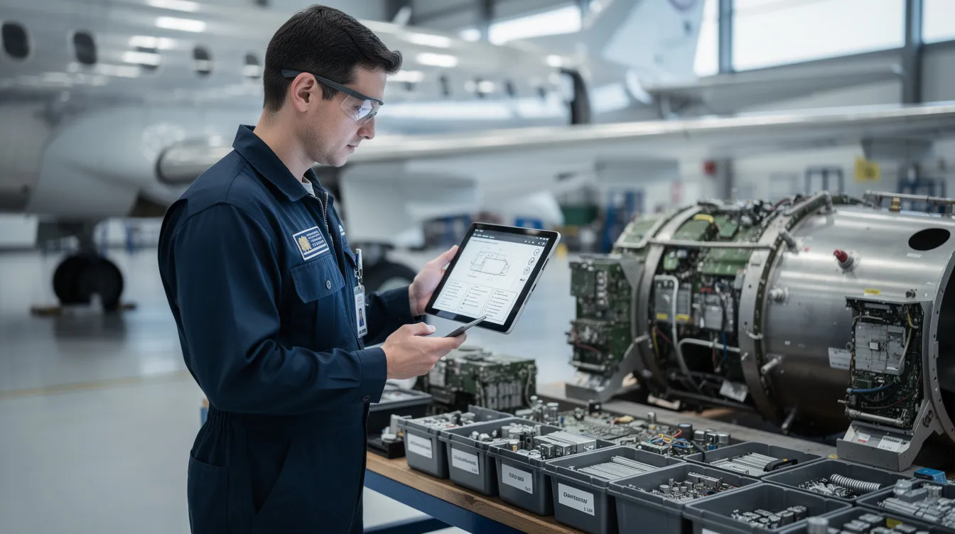 An aerospace technician is focused on using a tablet device that displays digital work instructions, while standing next to various aircraft components. This scene highlights the integration of advanced manufacturing technologies within aerospace manufacturing operations, emphasizing the importance of digital tools in the aerospace industry.