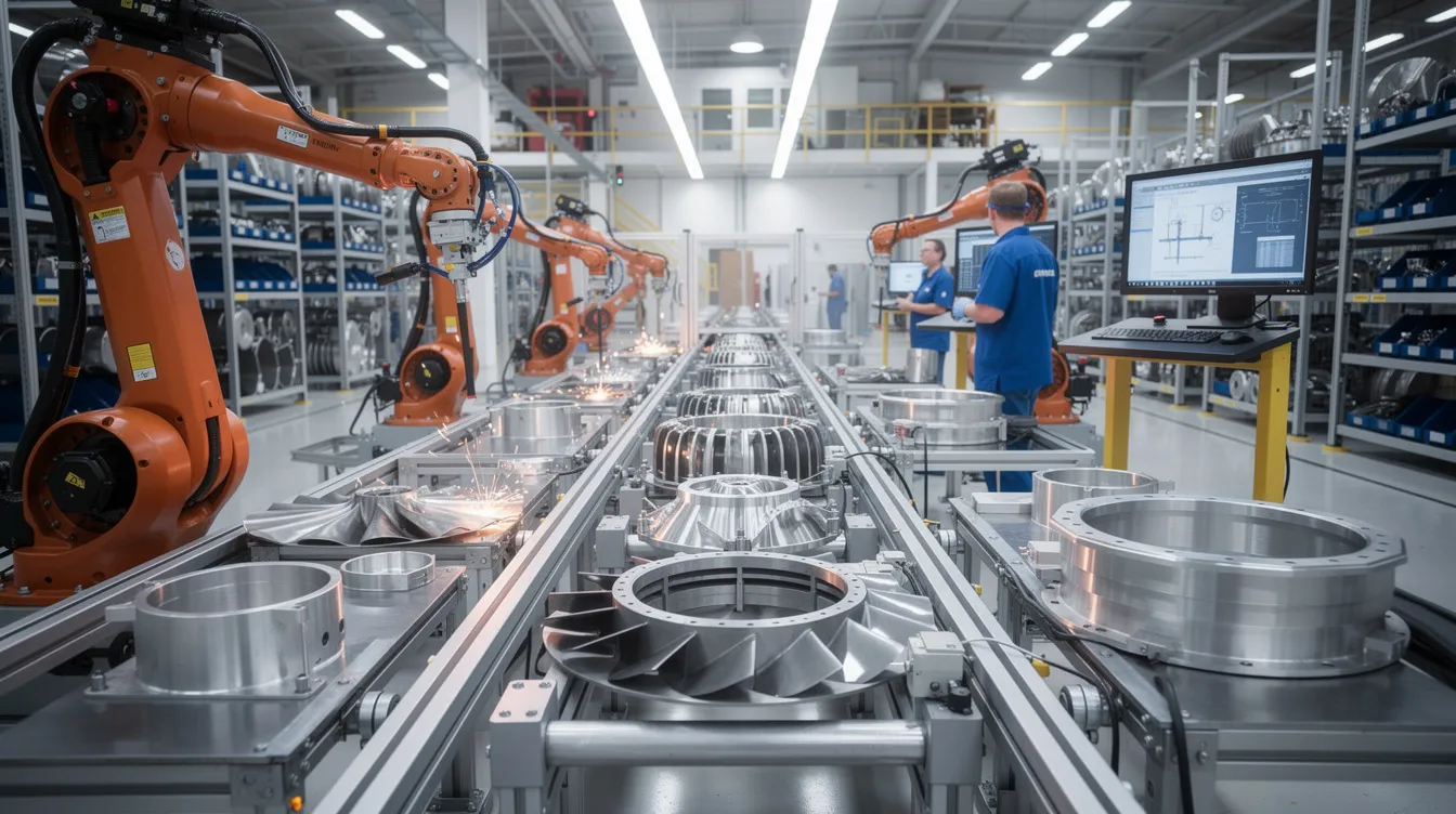 The image depicts various aerospace components and parts arranged on a production line within a manufacturing facility, showcasing the advanced manufacturing technologies utilized in the aerospace industry. The scene highlights the critical aerospace manufacturing processes that ensure quality control and operational efficiency in the production of specialized components.