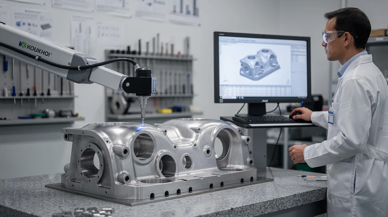 An inspector is using a coordinate measuring machine to conduct a detailed first article inspection of an aerospace component, ensuring that the dimensions and specifications are met according to AS9102 standards. The process involves verifying the critical features of the new or revised part and documenting the results for the article inspection report.