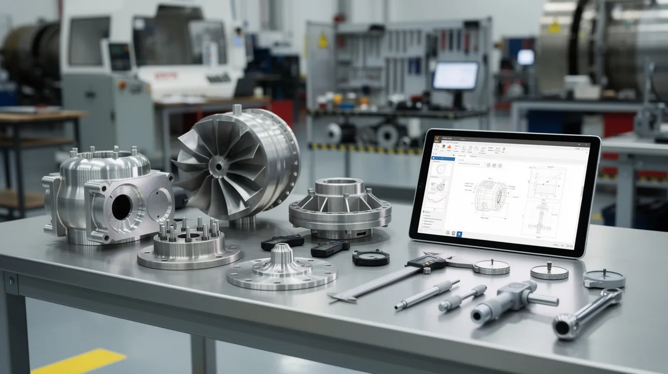The image shows various aerospace components neatly arranged next to inspection tools and a tablet in a factory setting, highlighting the importance of the first article inspection process in the aerospace industry. This setup emphasizes quality control and the manufacturing process, essential for ensuring that production runs meet customer specifications and design requirements.