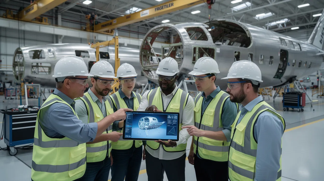 A manufacturing team is gathered on an aerospace production floor, reviewing a digital tablet that displays the first article inspection report. The team is focused on ensuring that the inspection process meets quality requirements and exceeds customer expectations in the aerospace industry.