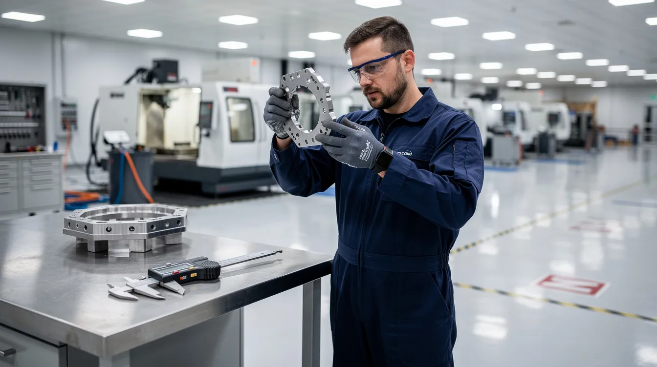 An aerospace technician is meticulously inspecting a precision metal component on a clean shop floor, ensuring compliance with quality management systems and specified quality standards. This routine inspection is part of a structured process aimed at addressing quality issues and maintaining product quality in the aerospace industry.