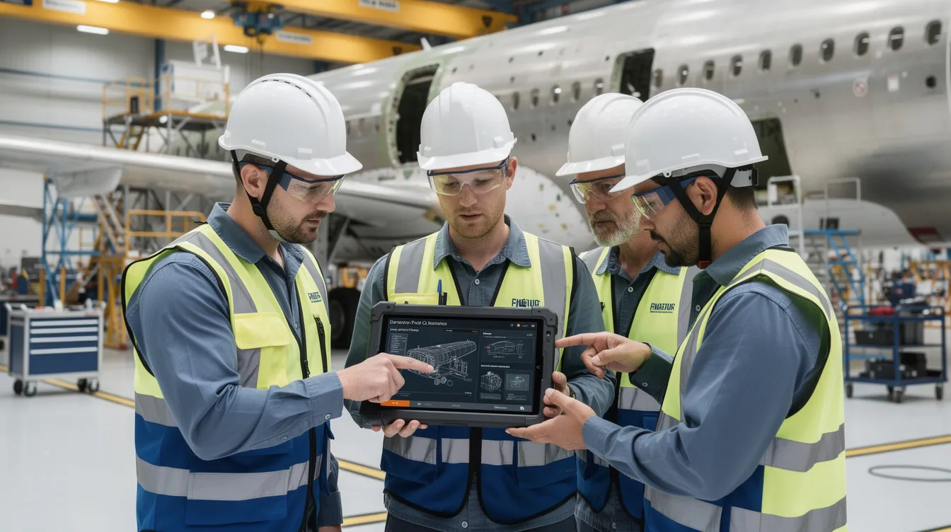 An aerospace production team is gathered near an aircraft assembly, reviewing tablet-based work instructions to ensure accuracy in their manufacturing operations management. The scene highlights the importance of inventory management and key performance indicators as they work to optimize production processes and maintain high customer satisfaction.