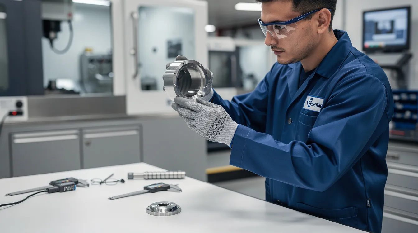 An aerospace technician is carefully inspecting a machined component on a clean workbench, ensuring compliance with quality management system standards. The technician's focus on critical parameters reflects a commitment to product quality and continuous improvement in the aerospace industry.