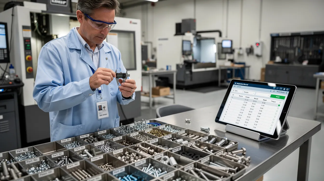 A quality engineer is inspecting aerospace fasteners at a workstation, while digital records are displayed on a tablet, highlighting the importance of a quality management system in ensuring regulatory compliance and effective corrective actions. The scene emphasizes the role of continuous improvement and thorough investigation in the aerospace industry.