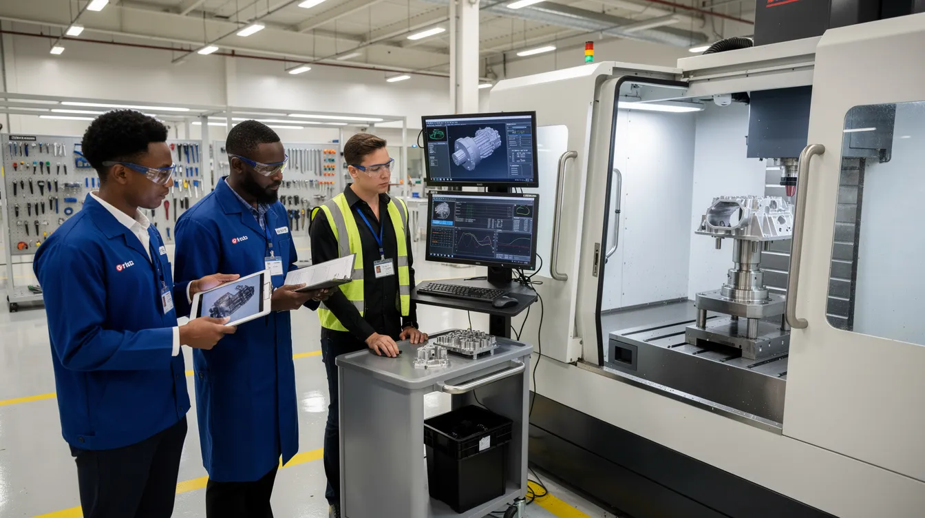 A cross-functional aerospace quality team is reviewing component inspection results beside a production cell, focusing on implementing corrective and preventive actions as part of their quality management system. They are engaged in root cause analysis to ensure continuous improvement and prevent recurrence of quality defects in the manufacturing process.