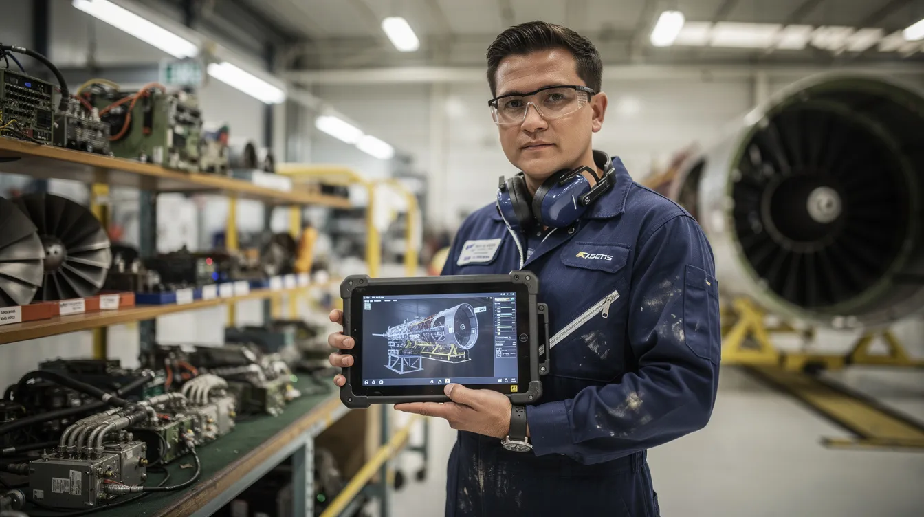 An engineer is using a tablet while standing beside various aircraft parts in a maintenance bay, engaging in the material review board process to assess the quality of components. This setting highlights the collaboration of quality engineers and cross-functional teams in managing nonconforming materials and ensuring safety in aerospace operations.
