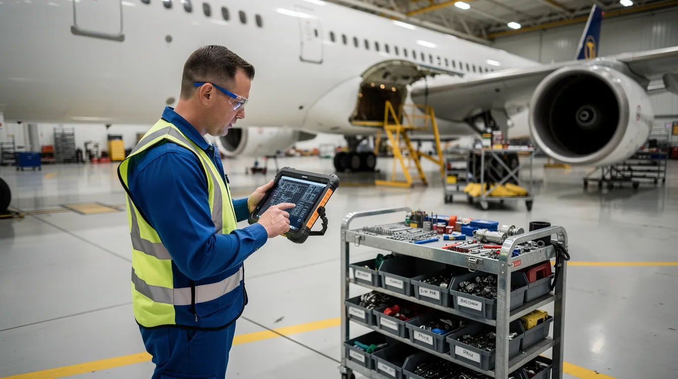An aerospace technician stands beside an aircraft maintenance bay, using a tablet to manage inventory records, while organized parts carts are neatly arranged nearby. This scene highlights the importance of efficient inventory management and accurate tracking systems in maintaining optimal inventory levels for aerospace companies.