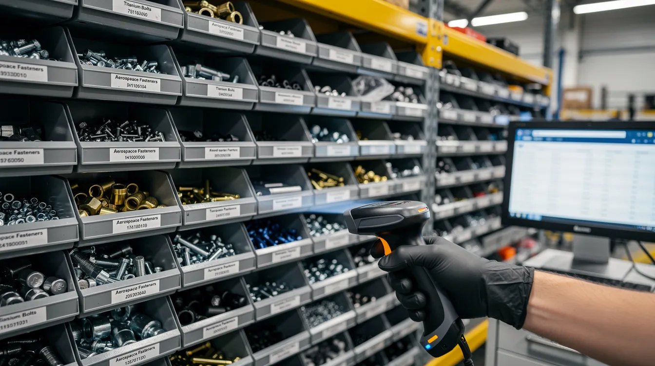 The image depicts organized bins filled with small aerospace parts, each labeled for easy identification, alongside handheld scanning equipment designed for efficient inventory management. This setup enhances inventory accuracy and operational efficiency, crucial for aerospace companies in maintaining optimal inventory levels and regulatory compliance.
