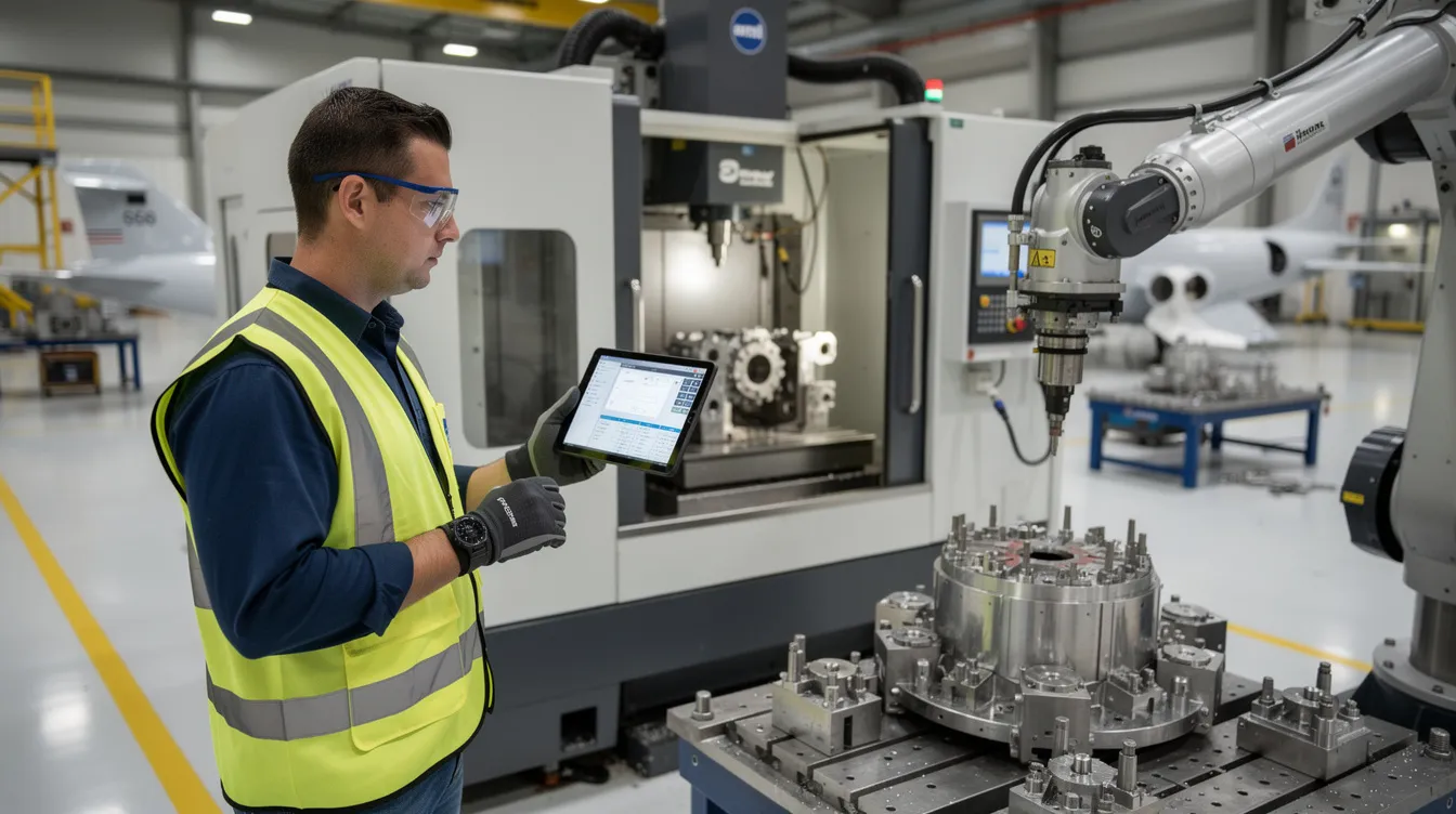 A technician is examining aerospace manufacturing equipment on a factory floor, utilizing data historian software to collect and analyze operational data. This process allows for the continuous monitoring of equipment performance, helping to optimize operations and reduce downtime and maintenance costs.