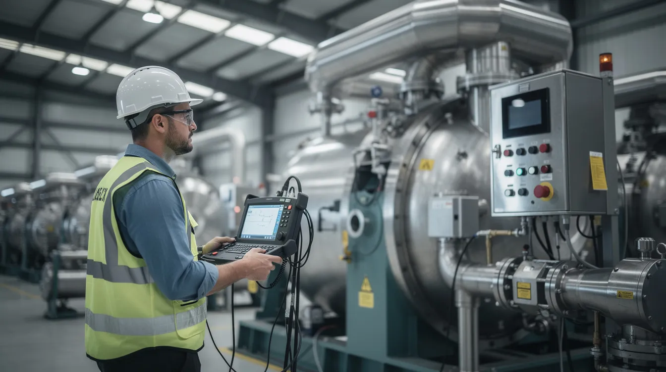 An engineer is inspecting a large industrial machine using diagnostic equipment to collect data on its performance, aiming to optimize operations and identify potential equipment failures. This process involves analyzing operational data and historical data to ensure efficient and reliable industrial operations.