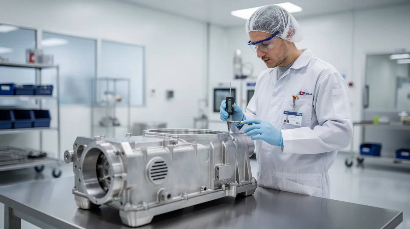 A technician is inspecting an aerospace component in a clean manufacturing area, ensuring the equipment meets high standards for quality. This process is crucial for collecting reliable data and optimizing operations within industrial settings, where maintaining compliance and analyzing operational performance is key to reducing downtime and maintenance costs.